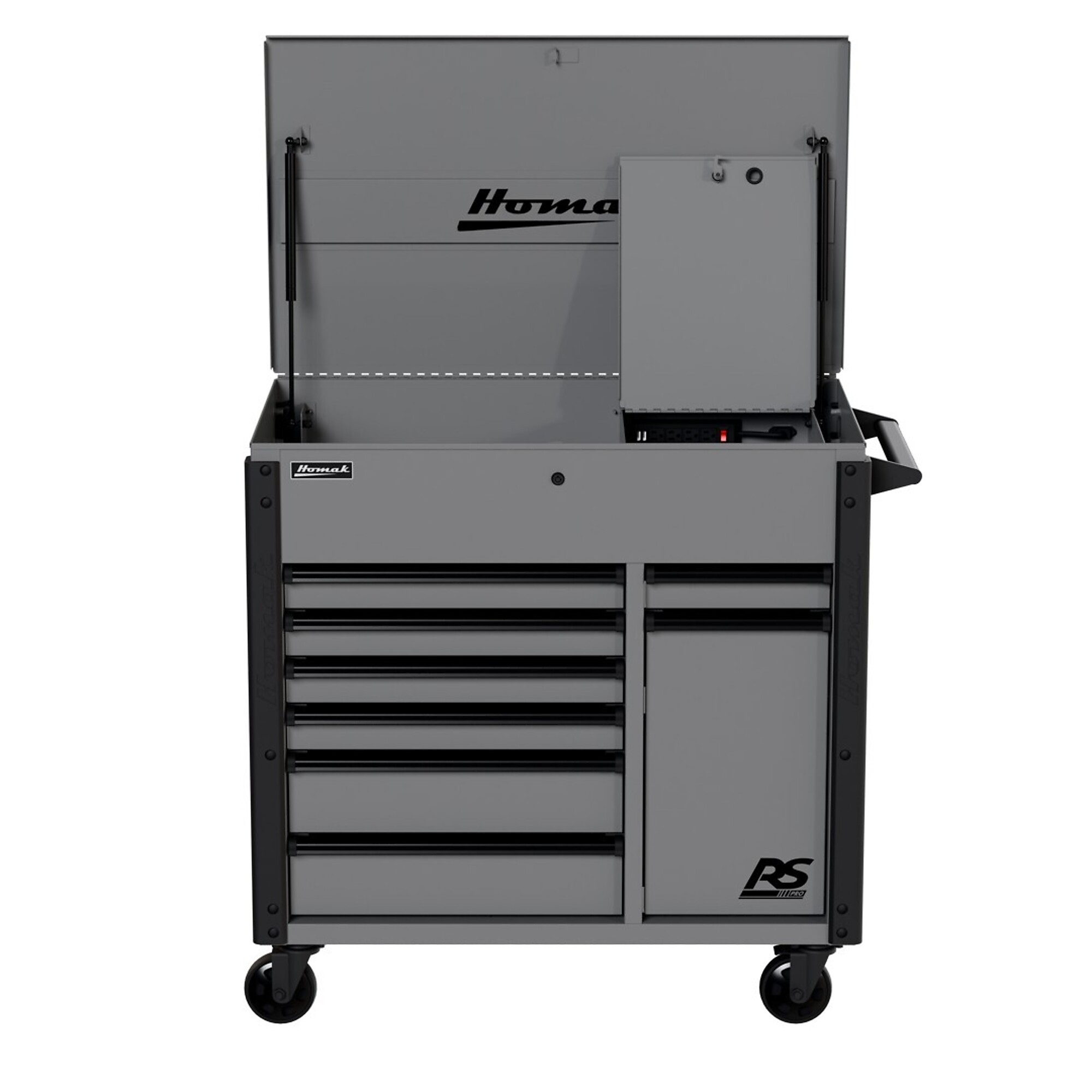 Homak, RS Pro, 44" 8 Drawer Power Service Cart, Gray, Heavy-duty 18-gauge steel, Model #GR06044080
